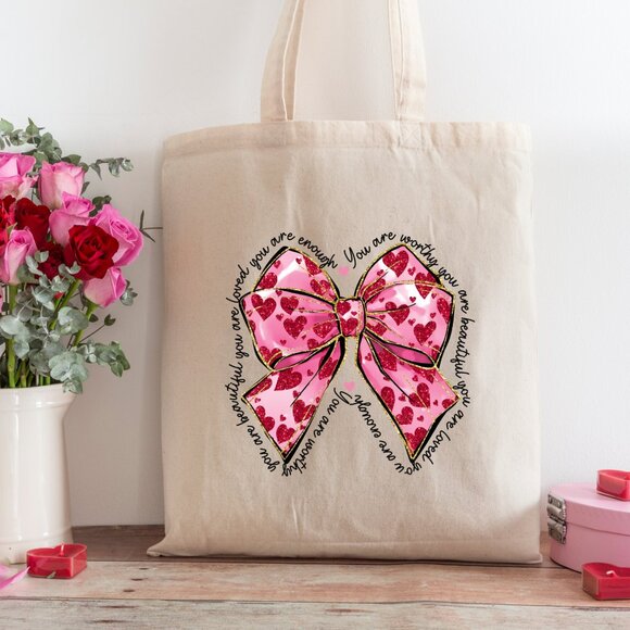 Women's Pink Red Gold Glitter Coquette Bow DTF Words of Affirmation Tote Bag - Picture 1 of 3